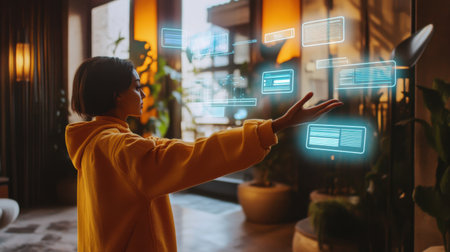 A person engaging with holographic text boxes in a modern indoor space. This image showcases the blend of technology and creativity, illustrating virtual interaction.の素材