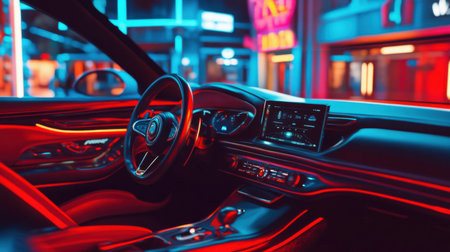 Discover a futuristic smart car interior showcasing innovative design and advanced technology. Experience luxurious comfort and unique aesthetics in an urban setting.の素材