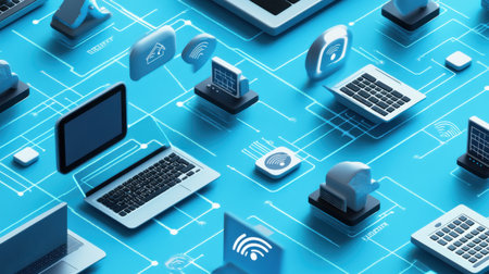 Explore a vibrant 3D vector design showcasing interactive devices. Ideal for technology themes, this graphic features various elements on a blue backdrop.の素材