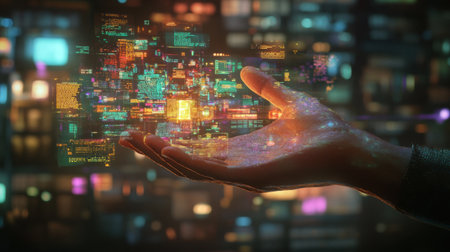 A futuristic hand holds floating holographic text boxes in vibrant colors, showcasing multiple layers of digital data. Ideal for technology and innovation themes.の素材
