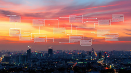 A digital network layout featuring multiple text boxes against a stunning sunset skyline. The image illustrates modern technology and urban connectivity.の素材