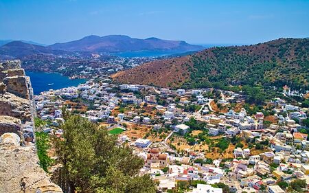 View from castle of Panteli or Panteliou in Leros island, Dodecanese, Greece.の写真素材