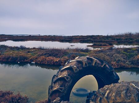 Dump tires in wetland of Psahna, also known as Kolovrehtis, Evia Greece. Ecology concept.