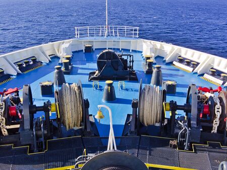 Large ferry bow with equipment, while sailing at sea.の写真素材