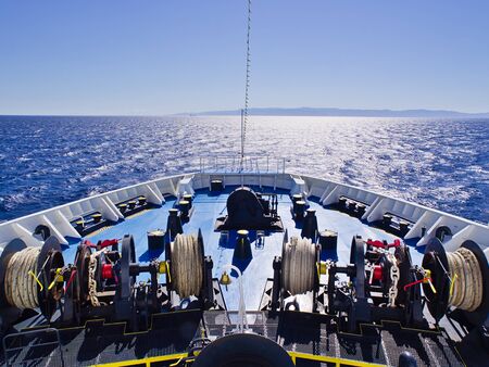 Large ferryboat bow with equipment while sailing in Aegean sea, Greece.の写真素材