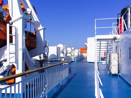 Ship ferry deck with  no people while sailing at Aegean sea , Greece.