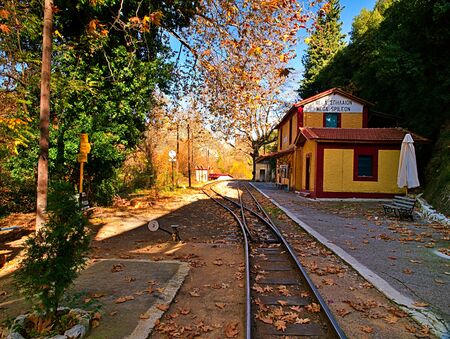 Old empty traditional railway station, Mega Spileon, Kalavryta Greece.のeditorial素材