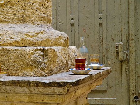Turkish tea served in traditional glass, Istanbul, Turkey.の写真素材