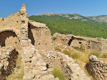 Ruined buildings at the  medieval village of  Anavatos, Chios island, Greece.の写真素材
