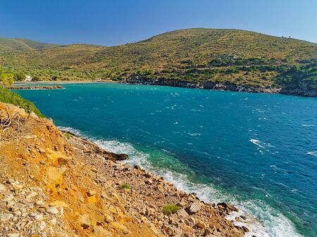 Beautiful isolated beach with no people, from above,  Chios island Greece.の写真素材