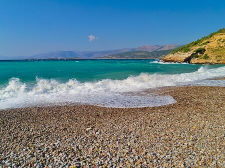 Beautiful isolated stone beach with no people, Chios island, Greece.の写真素材