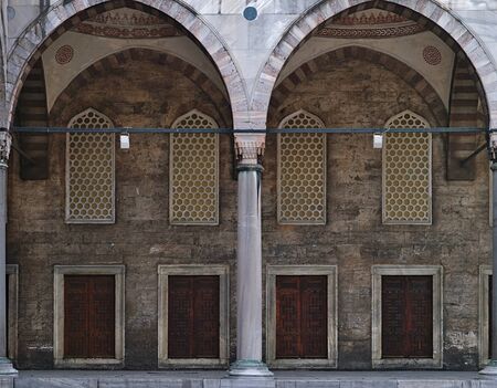 Blue mosque (Sultanhmet camii) internal yard arch symmetry, Istanbul Turkey.の写真素材