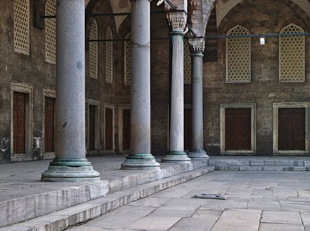Blue mosque (Sultanhmet camii) internal yard columns stairs and windows, Istanbul Turkey.の写真素材
