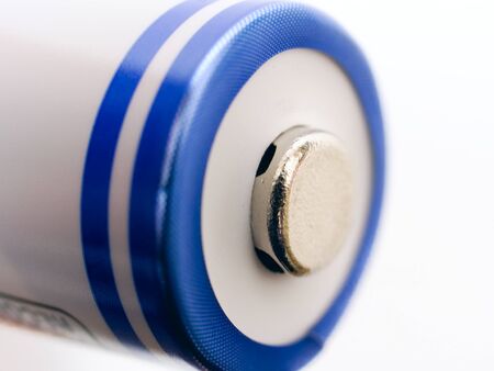 White battery with blue stripes close up macro detail.の写真素材