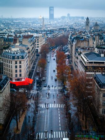 Paris / France, Evening cityscape, view from  Arc de Triomphe (Triumphal arch) top. Skyscraper in the background.のeditorial素材