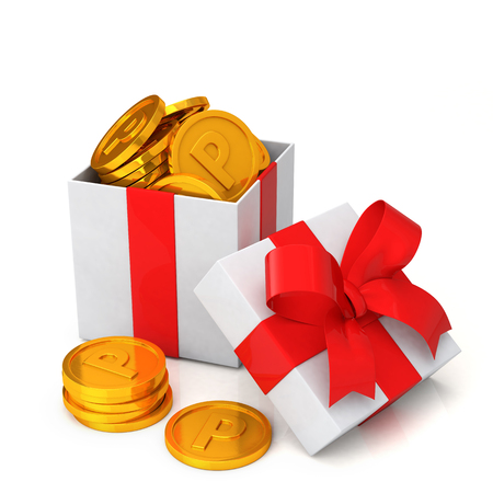 loyalty program concept. Gift box and points coinの写真素材