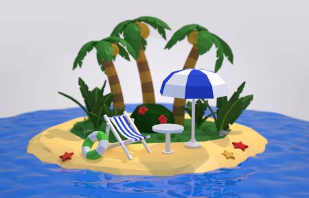 Tropical beach on top of sliced terrain. Travel Concept on vacation. 3d illustrationの写真素材