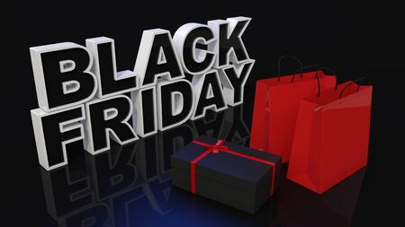 Three-dimensional "BLACK FRIDAY" characters and products on a dark background. Black Friday Sale Concept. 3D renderの写真素材