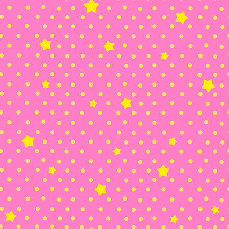 Seamless princess pattern with star and dots on cute pink background. The stars are arranged randomly on a solid background Ornament with kids stars and circles. Cute and funny vector motive for baby.のイラスト素材