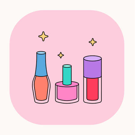 Cartoon nail polish set icon. Cute nail polis bottles. Fancy doodle nail varnish. Colorful nail polish set. Korean cosmetics on pink background. Vector beauty and care products.のイラスト素材