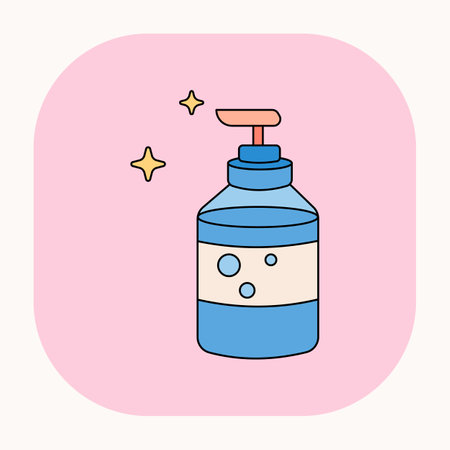Cartoon face wash icon. Fancy face cleanser. Cute doodle cleanser for face cosmetics bottle illustration. Cosmetic bottle with dispenser for face wash. Korean cosmetics on pink background. Vector.のイラスト素材