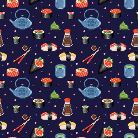 Pixel art japanese food seamless pattern. pixelated japanese cuisine endless background. pixel art sushi, chopsticks, wasabi, matcha, japanese food seamless ornament. Vector sushi seamless pattern.のイラスト素材