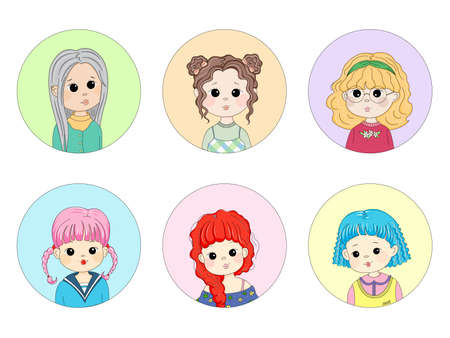 Set of cartoon Cute Girls avatars. Hand drawn portraits of young pretty female models. Anime comic style girls smiling portraits. Head and shoulders. Different types of haircuts and hair colors.のイラスト素材