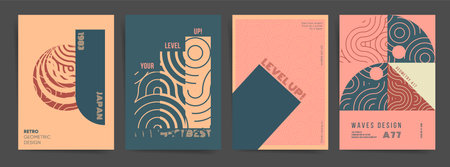 Retro futurism Poster Design Template Set. Best for poster, web art, brochure, book cover, identity. Dynamic shapes templates collection with bauhaus and asian elements and abstract waves. Vector.のイラスト素材