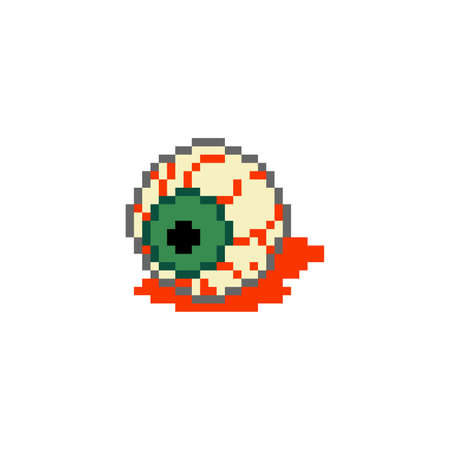 Pixel art bloody eye. Torn out eye in retro 8 bit pixel style illustration. Vector creepy pixel art eye with pool of blood.のイラスト素材