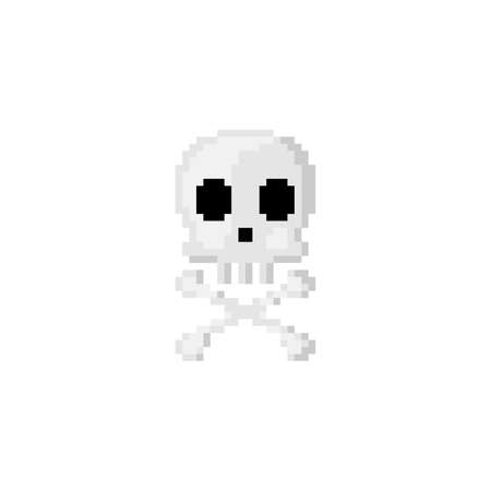 Cute Pixel art skull and bones. 8 bit style retro game pattern for halloween decoration. Vector. 90s style pixel Skeleton skull and cross bones.のイラスト素材