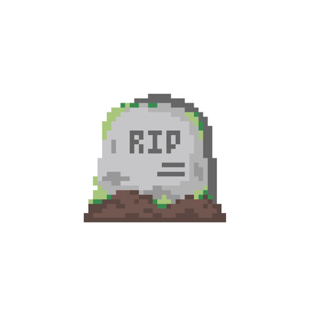 Pixel art grave. Pixel gravestone, with text rip. Halloween decorative pixel art tomb. Vector grave illustration.のイラスト素材