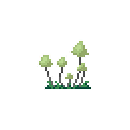 Pixel art fungus mushrooms. Poisonous pixel mushroom for decoration, game, halloween. Green psychedelic mushroom in vintage pixel style. Vector cute creepy mushrooms.のイラスト素材
