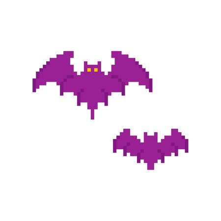 Pixel art bats. Halloween decoration in 8 bit retro pixel style. Pair of pixel art vampire purple bats on a white background. Vector.のイラスト素材