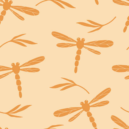Silhouette of the dragonfly floral seamless pattern. Japanese natural and floral motif for fabric, decoration and background design. Modern Japanese art deco style pattern. Vector dragonfly pattern.のイラスト素材