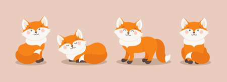 Cute Foxes in different poses vector set. Forest fox animal sits, lies, stands and smile. Orange fox illustrations collection for baby or child clothes, fabric, textile and more. Cute fox faces printのイラスト素材