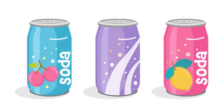 Colorful Soda Cans Collection. Hand drawn cute cartoon set of soft drinks in aluminum cans. Aluminum sea cans flash illustrations. Kawaii trendy design of cans with lemon, cherry and bubbles. Vector.のイラスト素材