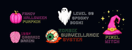 Pixel art Halloween lettering label collection. Halloween Quotes set with pixel art ghost, witch...