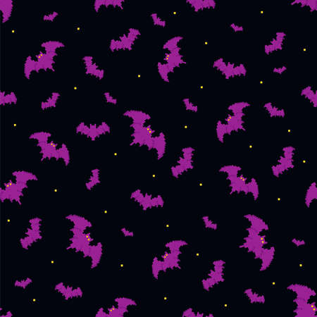Pixel art halloween seamless pattern. 8 bit gamer retro style repeatable background with a lot of purple bats. Vector pixel art pattern.のイラスト素材