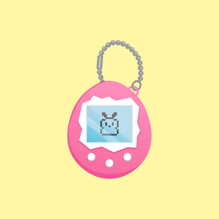 Tamagotchi toy illustration. Vintage digital pocket pet game icon. Japanese classic pink Tamagotchi with screen display, chain and buttons. Nostalgia stuff - Tamagotchi Rabbit pet from 90s. Vector.のイラスト素材