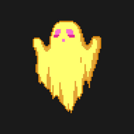 Pixel art gold glowing horror ghost. Halloween retro 90s 8 bit pixel spirits pack illustration. Vector different sizes collection.のイラスト素材