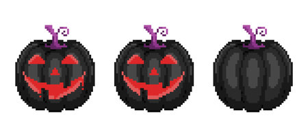 Pixel art pumpkin jack with blood on lips. Retro 8 bit style dark pumpkin jack lanterns set for halloween decoration or game design. Funny set of vampire pumpkins. Vector.のイラスト素材