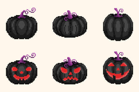 Pixel art black pumpkin jack collection. Retro 8 bit style dark evil pumpkin jack lanterns set for halloween decoration or game design. Pixelated set of horror halloween pumpkin icons. Vector.のイラスト素材
