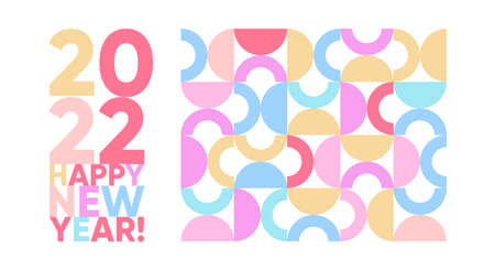 Happy New Year 2022 web banner design, poster or banner, in boho bauhaus style. 2022 Minimal geometric style logo. 2022 number design template. Vector bauhaus 2022 poster with colorful abstract print.のイラスト素材
