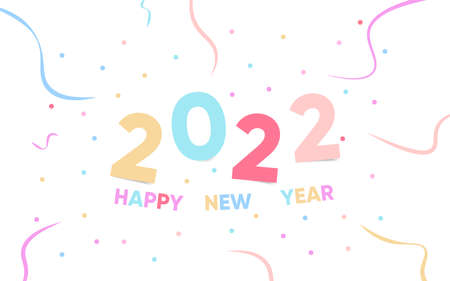 Vector Happy new year 2022 background with simple geometric colorful text and explosion of geometric...