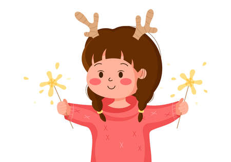 Cute girl with deer horns and sparklers. Vector isolated illustration on white background. Kawaii girl with pigtails and firework celebrate new year and Christmas.のイラスト素材