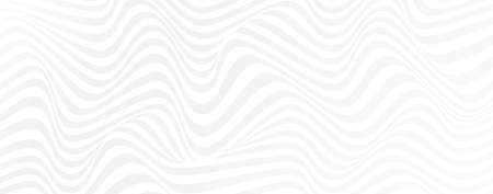 Wavy lines white monochrome background. Optical illusion striped wrapped background design. Vector abstract wide horizontal background. White and gray shade colors.のイラスト素材