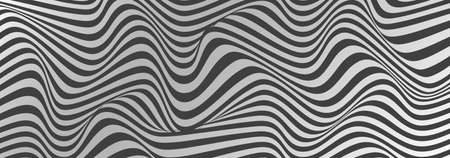 Wavy lines black and white background. Optical illusion striped wide background design. Vector abstract wide horizontal background. White and gray shade colors.のイラスト素材