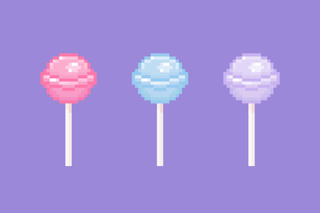 Pixel art lollipop illustration set. Vintage classic round lollipops in retro 8 bit gaming style. Pixel isolated pink blue purple round lollipop icon. Vector.のイラスト素材