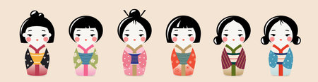 Set of Cute Traditional Japanese Kokeshi Dolls set. Kawaii asian girls in kimono. Vector isolated illustration collection.のイラスト素材