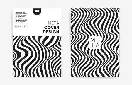 Business presentation covers templates set with black and white abstract wavy lines. A4 vertical. Creative dynamic layouts for poster, catalog, brochure, placard, booklet, report, cover design. Vectorのイラスト素材